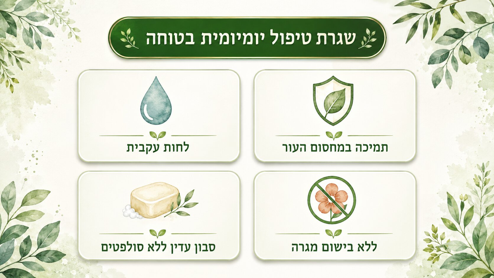 טיפול יומיומי בטוח בבעיות עור - לחות עקבית, תמיכה במחסום, סבון עדין והימנעות מבישום