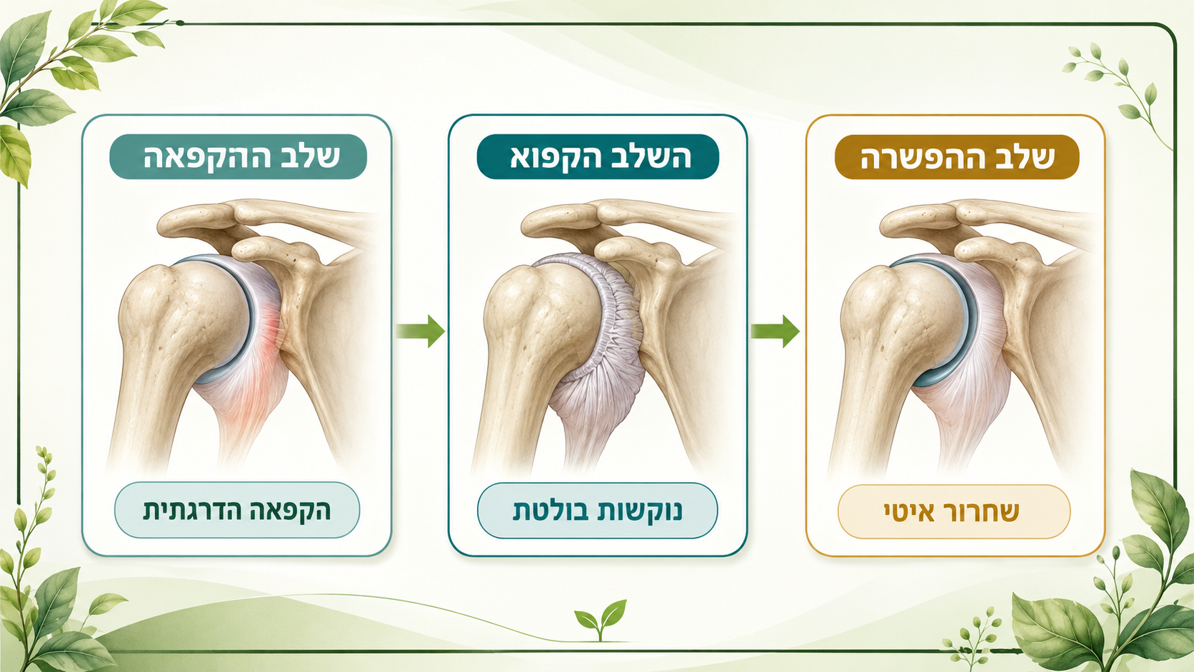 כתף קפואה - שלושת השלבים: הקפאה, השלב הקפוא והפשרה